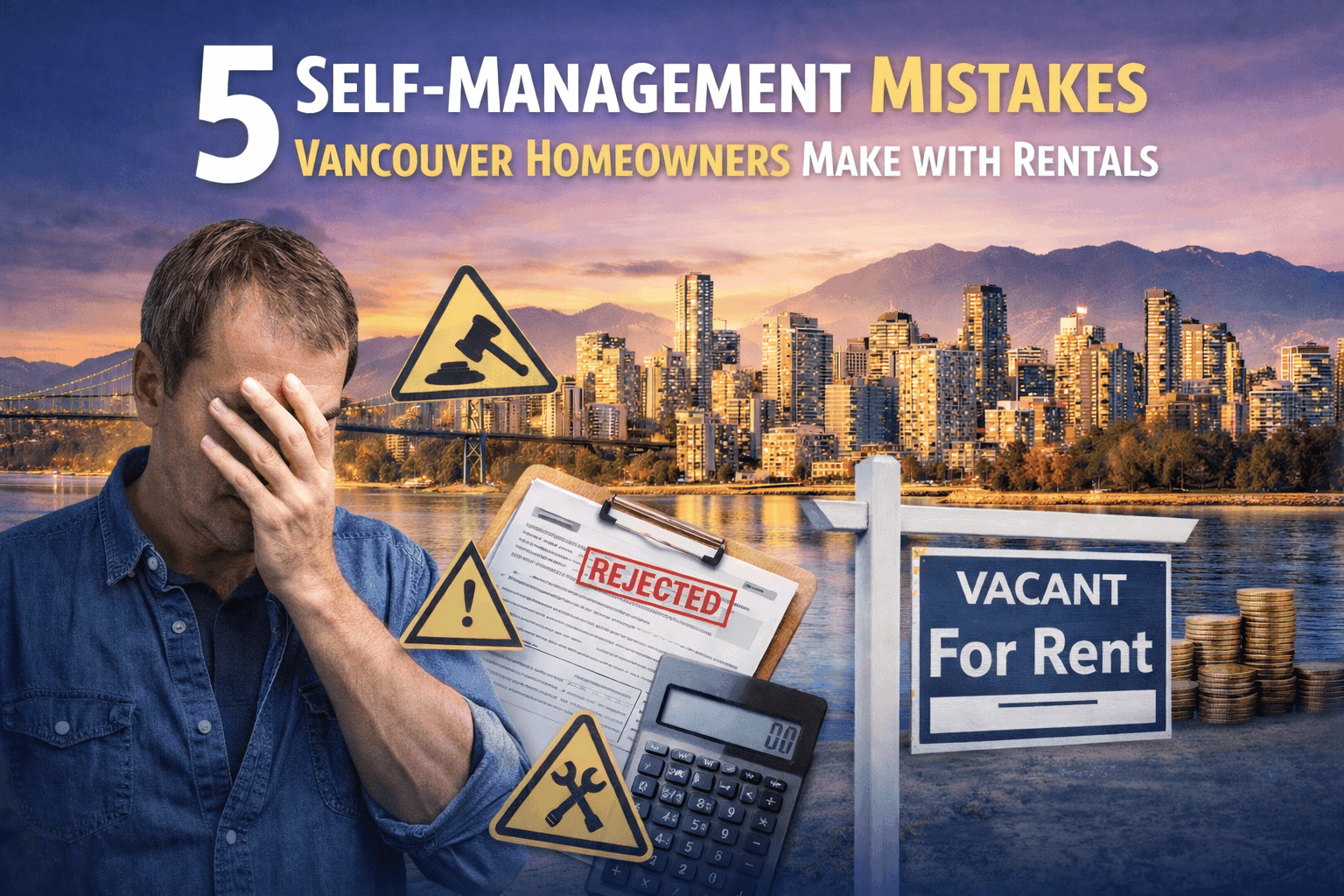 1. Vancouver homeowner facing self-management mistakes with rental properties, showing rejected applications, warning signs, and property vacancy issues in Vancouver skyline background.