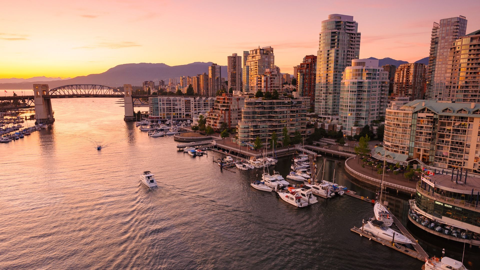 False Creek and the Burrard Street Bridge in Vancouver at sunset