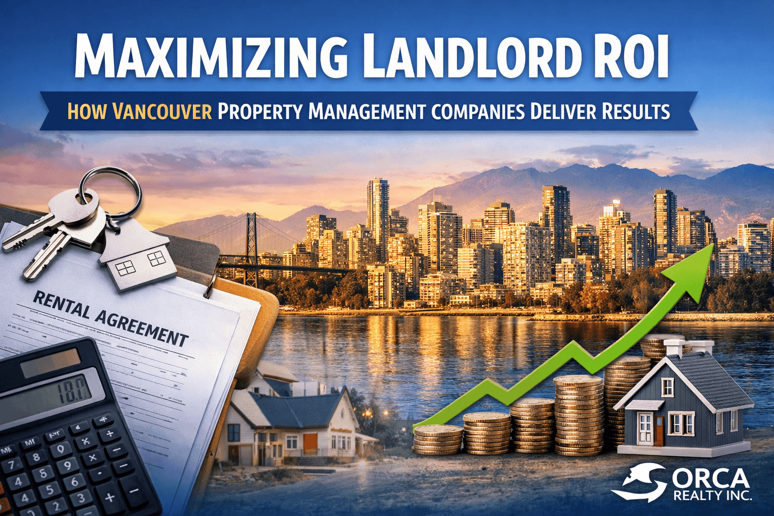 Innovative Vancouver property management and real estate services by Orca Realty Inc. showcasing maximizing landlord ROI, rental agreements, property investment, and vibrant city skyline.