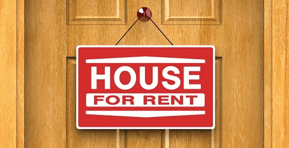 Sign for house for rent hanging on wooden door, real estate rental advertisement, property leasing sign, outdoor housing rental notice, home rental sign for tenants and landlords.