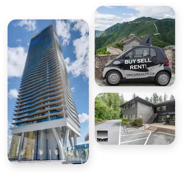 Vancouver property management by Orca Realty: a downtown tower, the Orca car and a managed townhouse complex