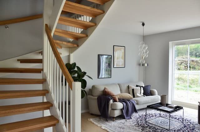 living room with stairs