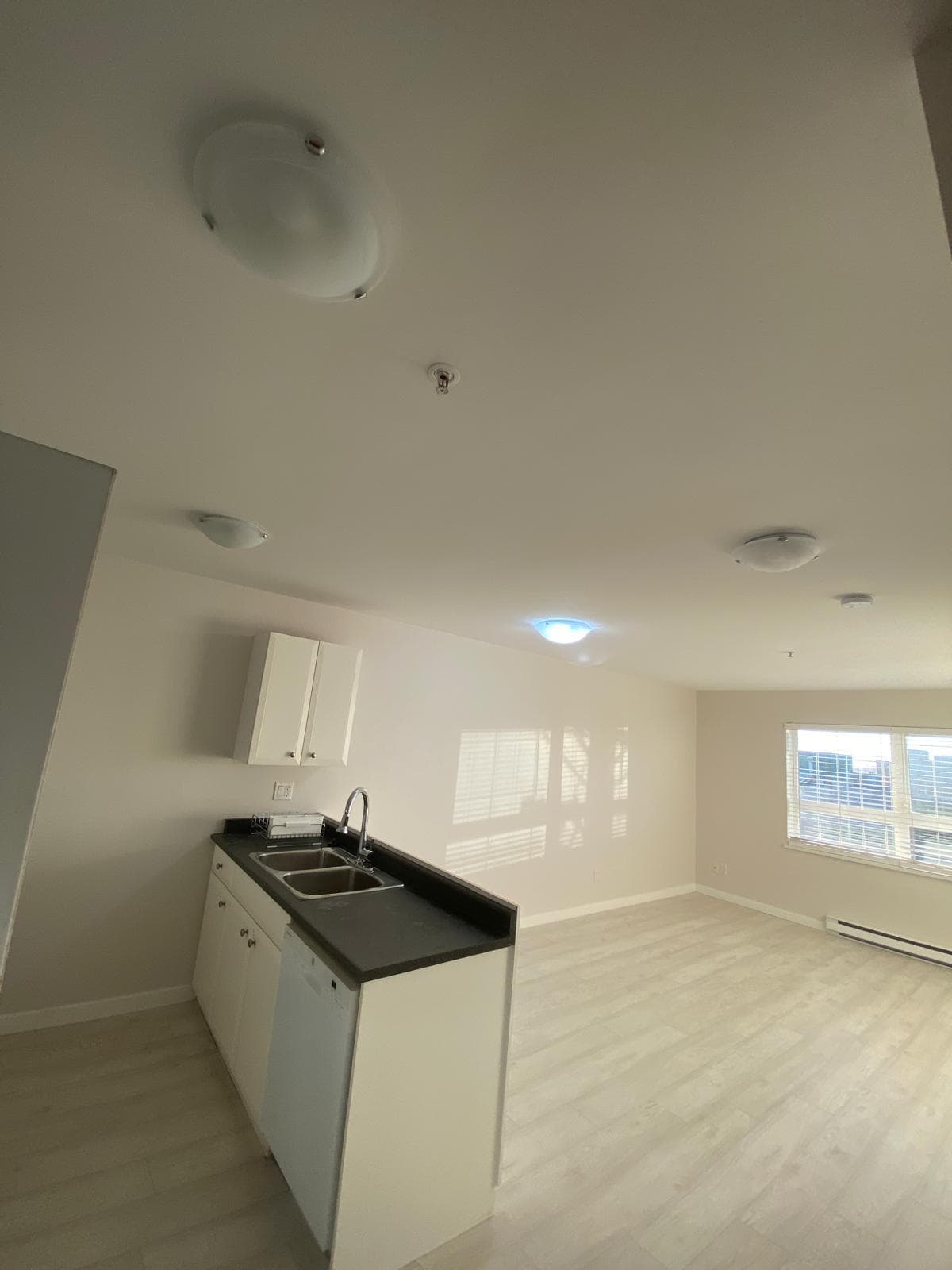 Bright and spacious open-concept apartment interior with kitchen and large windows, ideal for Vancouver real estate buyers and investors seeking modern rental or living options.