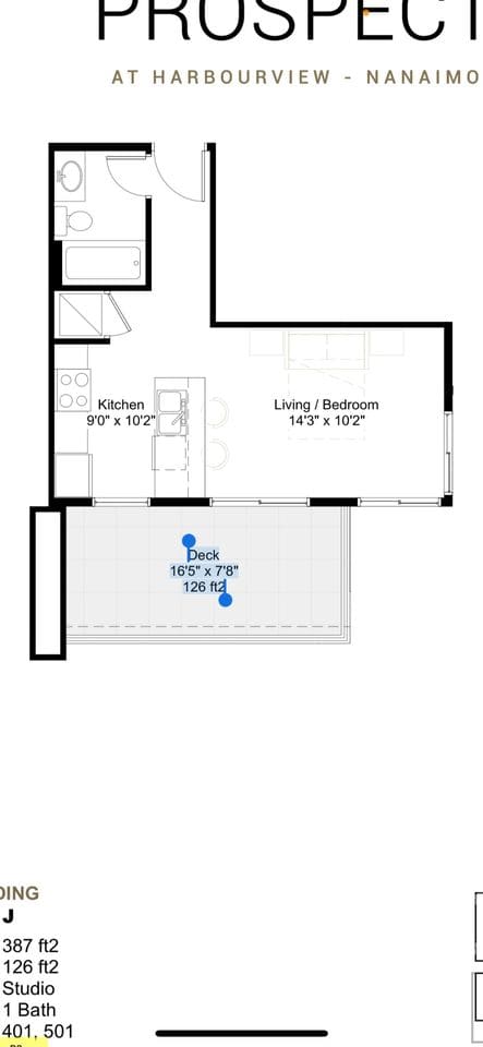 Modern studio apartment layout with open living and bedroom space, kitchen area, bathroom, and spacious deck for entertaining in Harbourview - Nanaimo.