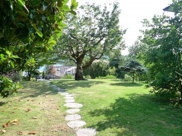 Lush green backyard with a stone pathway and mature trees, showcasing a peaceful outdoor space ideal for relaxation and outdoor activities in Vancouver, BC.