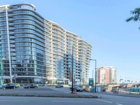 Contemporary high-rise residential building in Vancouver showcasing modern architecture and luxury apartments near downtown.