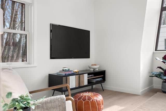 Modern living room with a flat-screen TV, stylish black media console, and cozy decor, perfect for Vancouver real estate lookbooks and property showcases.