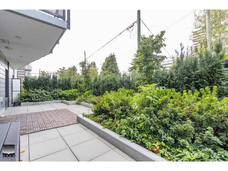Lush modern backyard garden with vibrant greenery, outdoor patio space, and contemporary urban landscaping in Vancouver, BC. Luxury real estate gardens, private outdoor living areas, and garden design expertise.