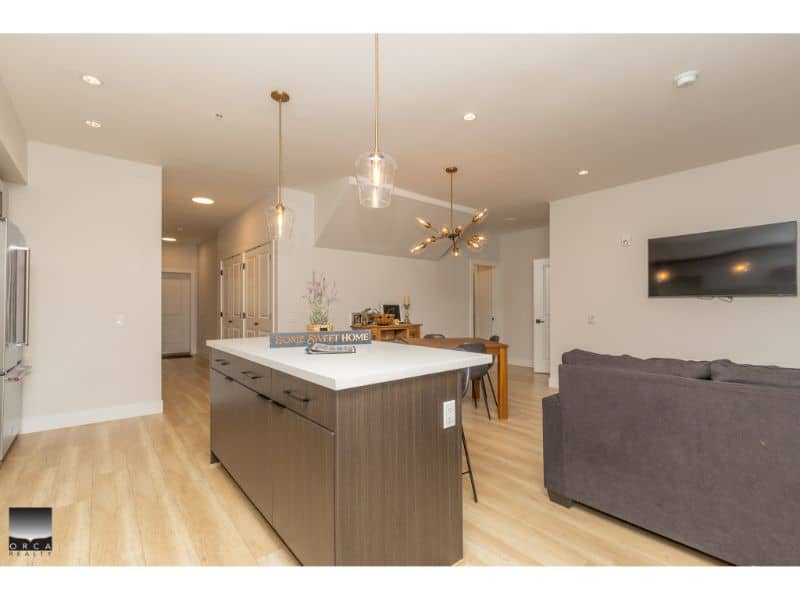 Bright modern kitchen and living room interior in a newly renovated home, featuring sleek cabinetry, contemporary lighting fixtures, and spacious open-concept design by Orca Realty Inc.