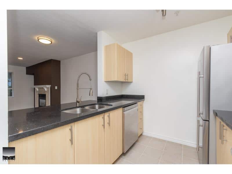 Modern kitchen with black countertops, stainless steel appliances, light wood cabinets, and open layout for Vancouver and Greater Toronto area real estate listings.