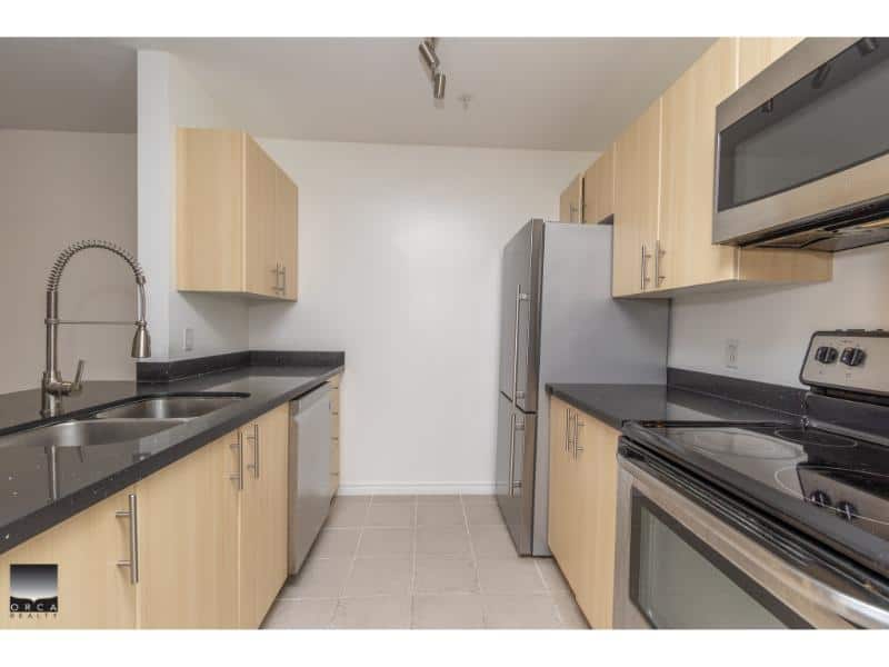 Modern kitchen with stainless steel appliances, light wood cabinets, black countertops, in a contemporary condo or apartment. Perfect for buyers seeking stylish and functional living spaces.