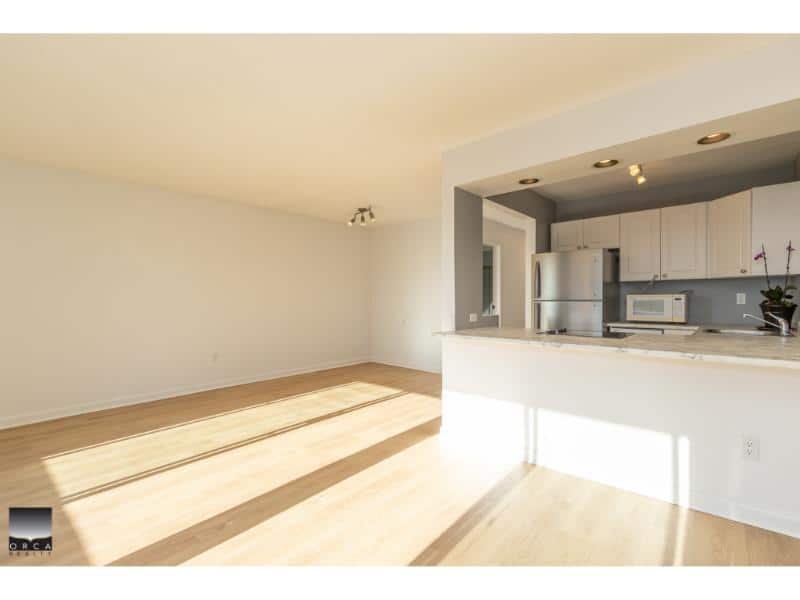 Bright and spacious open-concept living area with modern kitchen in a new condo, ideal for homebuyers and real estate investors in Ontario.