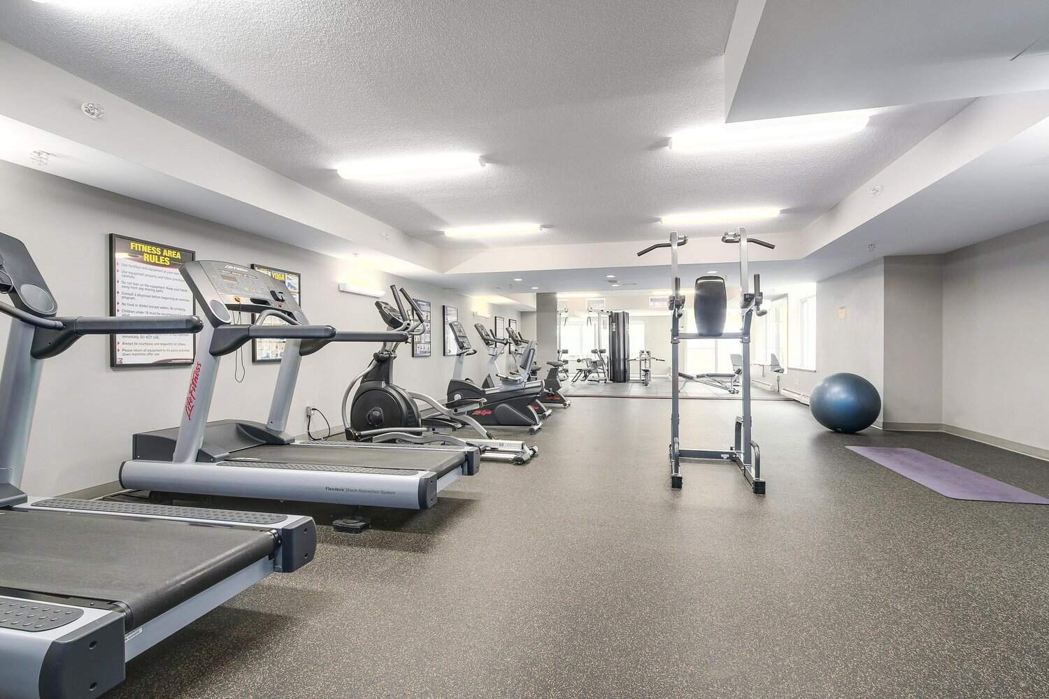 17 Modern indoor gym at Orca Realty Inc. with cardio machines, weight training equipment, and fitness accessories for residents' health and wellness.