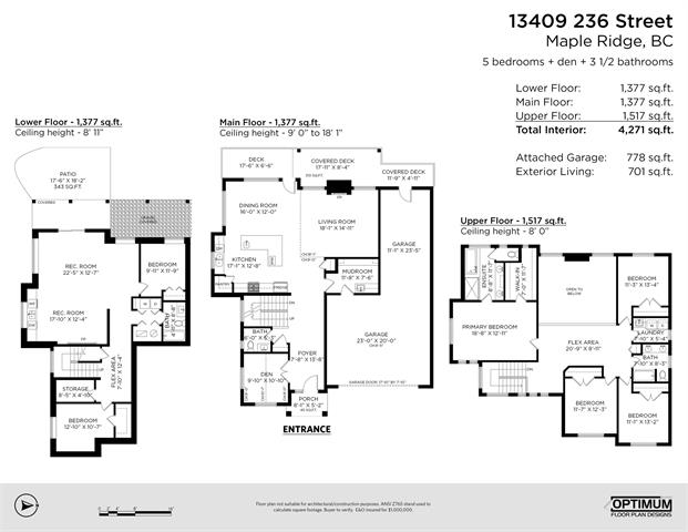 3. Modern multi-story home floor plan showing detailed layout of various rooms including bedrooms, bathrooms, kitchen, living areas, garage, and outdoor spaces in Maple Ridge, BC.