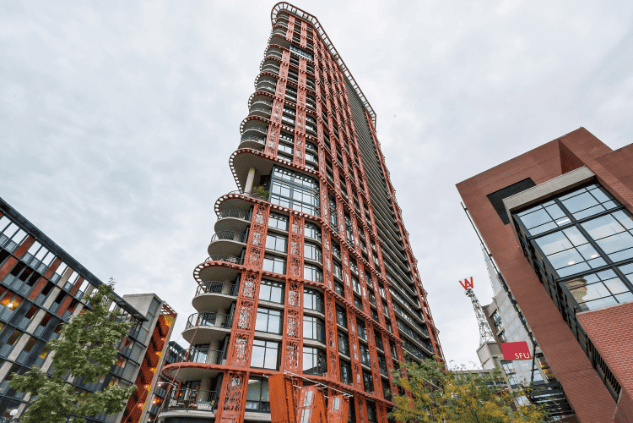 Contemporary high-rise condominium building in Vancouver, showcased by Orca Realty Inc., featuring modern architecture and urban living spaces in a prime downtown location.