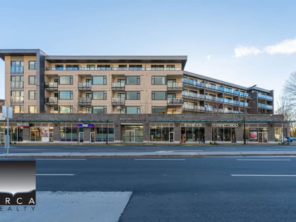 Modern mixed-use building with residential apartments and retail spaces in Vancouver's urban core. Features stylish balconies, large windows, and ground-floor shops, perfect for downtown urban living.