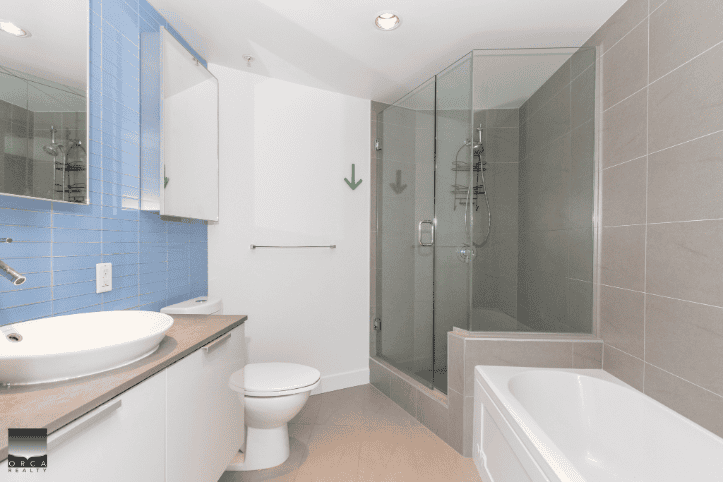 Modern bathroom with walk-in shower, bathtub, and contemporary fixtures, perfect for upscale homes; ideal for real estate listings and property marketing in Vancouver.