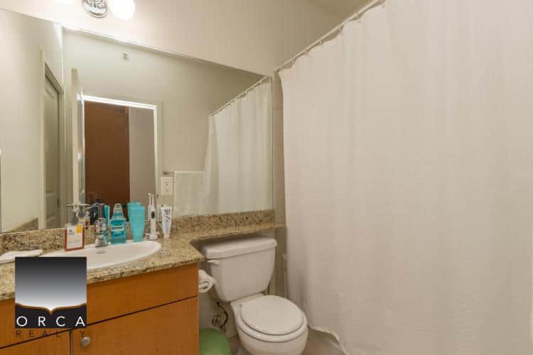 Uncluttered bathroom with granite countertop, white toilet, and simple shower curtain, showcasing practical and functional space perfect for home buyers and real estate listings.