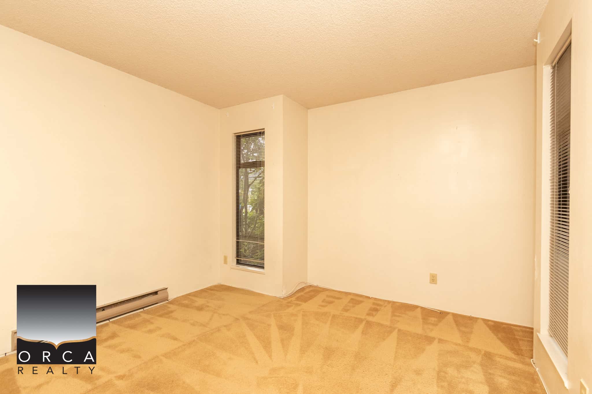 Spacious living room with large windows and beige carpet, ideal for Vancouver Island homes and condos, showcasing Orca Realty Inc. real estate expertise and property highlights.