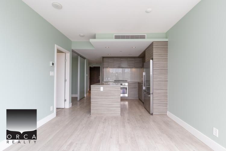 Modern open-concept kitchen in a contemporary condo, featuring sleek cabinetry, stainless steel appliances, and light green walls, ideal for Vancouver real estate listings.
