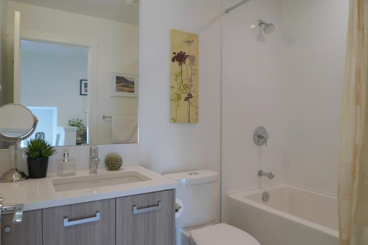 Modern bathroom interior with vanity, mirror, plants, and bathtub ideal for Vancouver real estate listings.