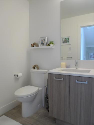 Modern bathroom with a sleek vanity, mirror, and decorative shelf, perfect for Vancouver or BC home updates.
