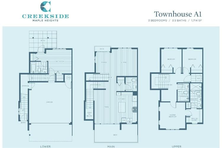 Modern townhouse floor plan with 3 bedrooms and 3.5 bathrooms in Creekside Maple Heights, featuring spacious living areas and convenient garage access, ideal for families and investors.