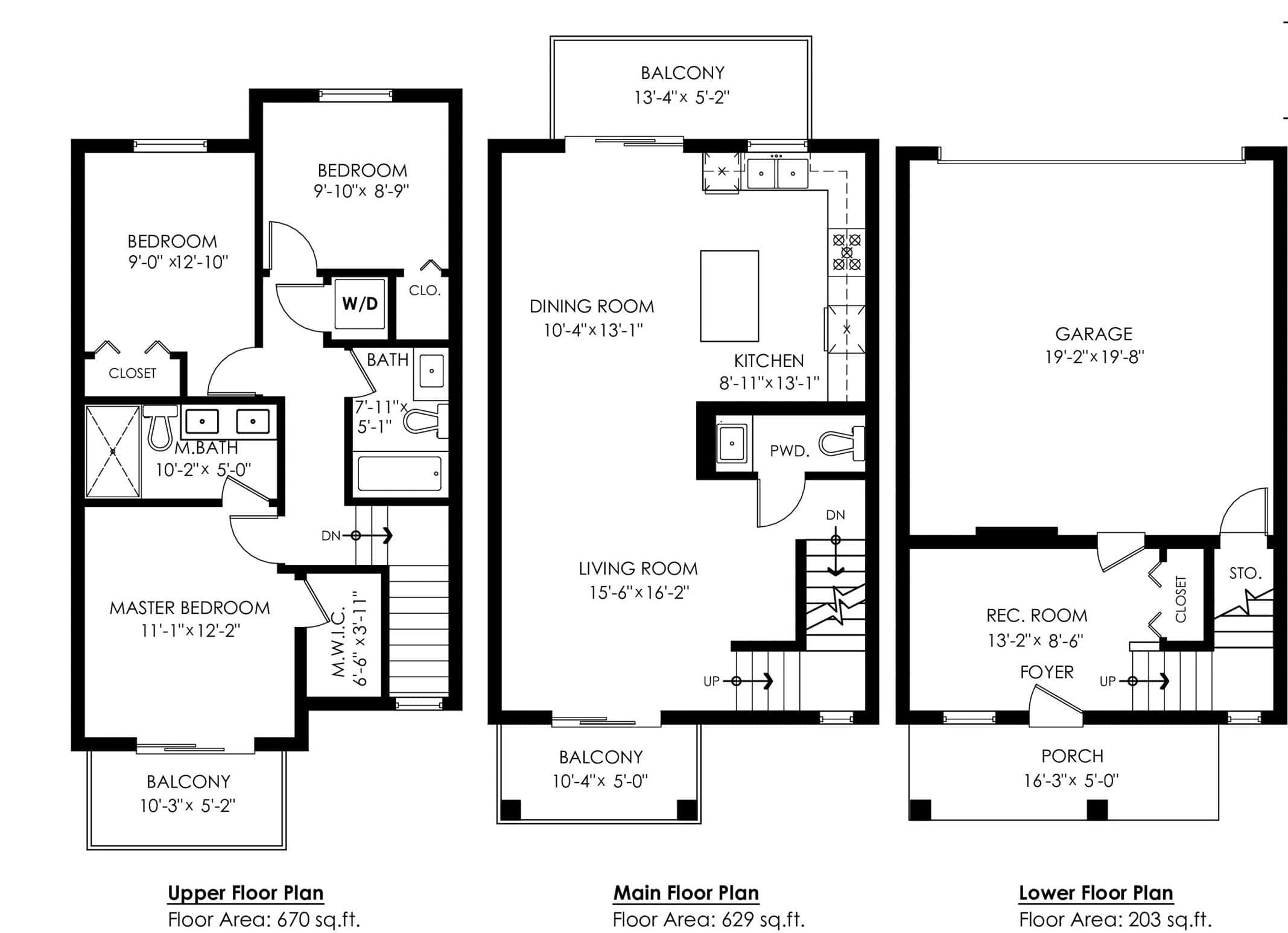 Modern residential house floor plan with three levels including bedrooms, bathrooms, living areas, balconies, garage, and stairs, ideal for Vancouver real estate listings.