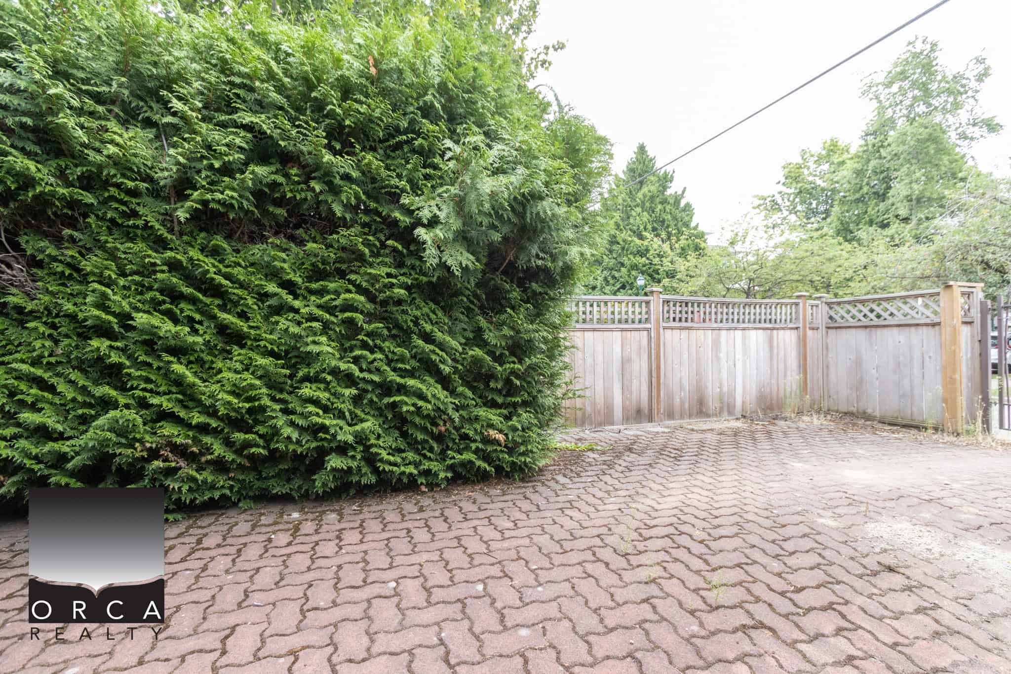 Lush green bushes and a wooden privacy fence surrounding a paved outdoor space, perfect for outdoor living or gardening.