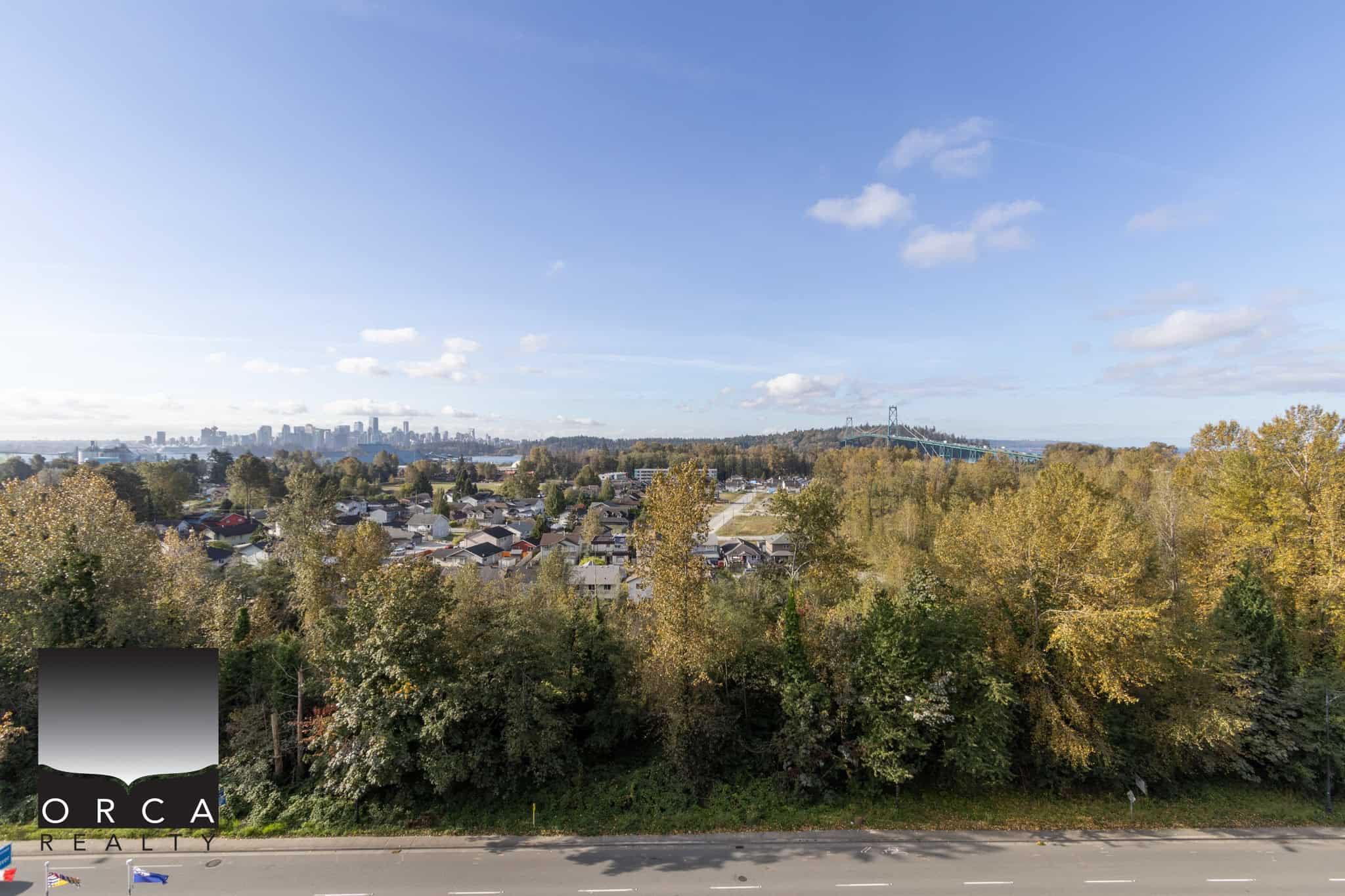 Panoramic view of a residential neighbourhood with lush trees, city skyline, and a bridge in the distance, showcasing real estate opportunities and scenic landscapes on Vancouver's outskirts.