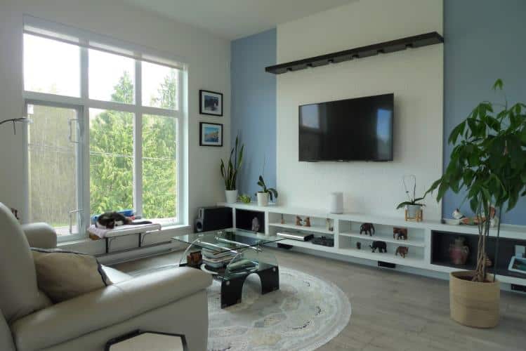 Modern living room with large window, contemporary decor, and flat-screen TV, perfect for Vancouver real estate buyers seeking stylish and spacious homes by Orca Realty Inc.