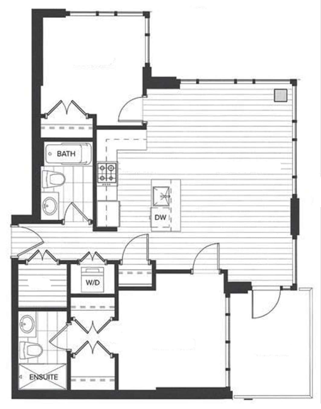 Spacious apartment floor plan with modern kitchen, two bathrooms, walk-in closet, and balcony, ideal for Vancouver real estate buyers and investors seeking contemporary condos.