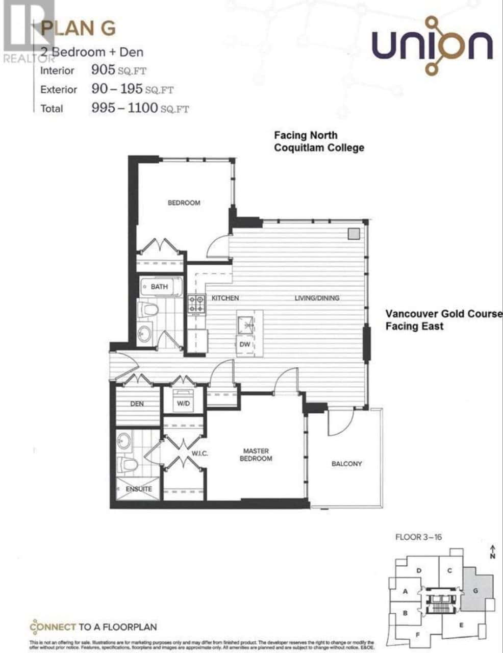 2. Alt text: Modern 2-bedroom plus den condo floor plan facing north with Vancouver Gold Course view, including kitchen, living/dining area, master bedroom with ensuite, balcony, and additional rooms.