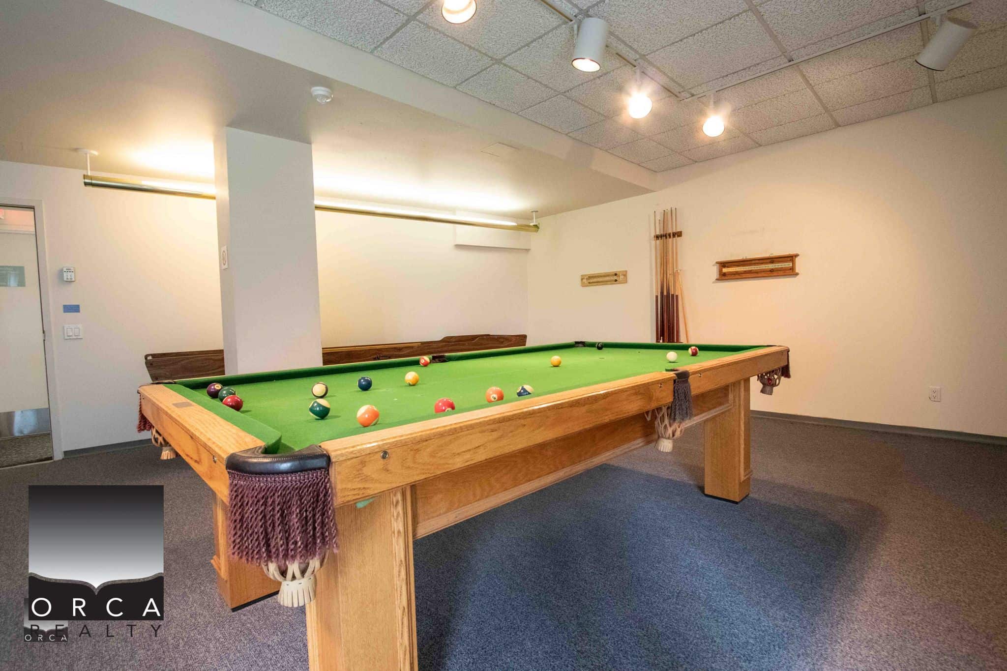 Pool table in an indoor recreation room with overhead lighting and minimal decor, perfect for relaxation and entertainment at Orca Realty Inc.