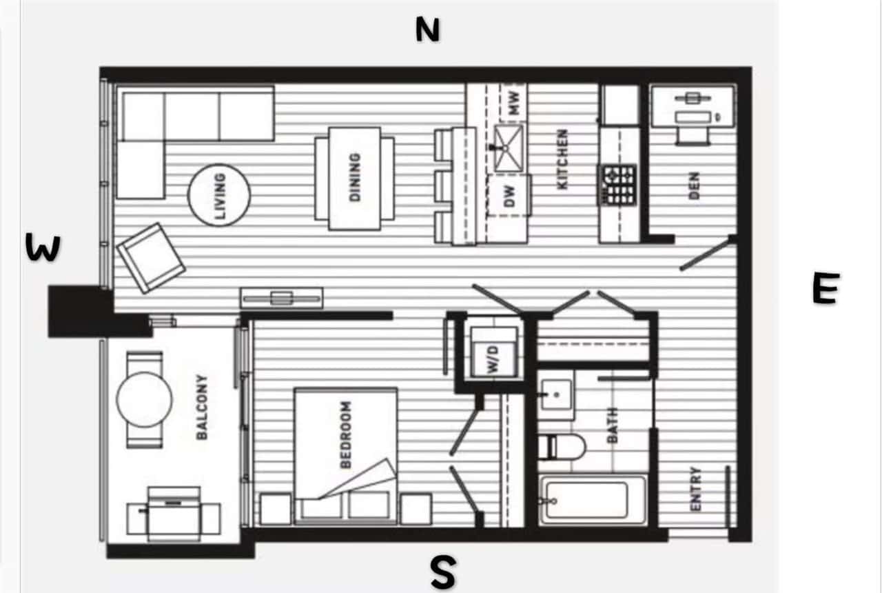 Bright 2D floor plan of a modern Vancouver apartment featuring a spacious bedroom, open-concept living and dining area, kitchen with island, den workspace, and balcony, ideal for Vancouver real estate buyers.