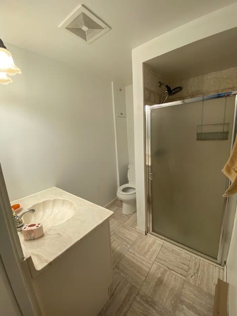 Small bathroom with shower stall, toilet, and vanity with sink in a modern residential home, featuring neutral décor and compact design.