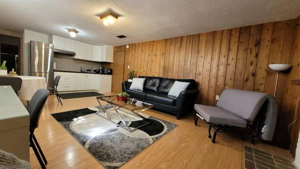 Modern living room with open kitchen, black leather sofa, grey armchair, wooden accent wall, and contemporary decor, ideal for residential real estate listings.