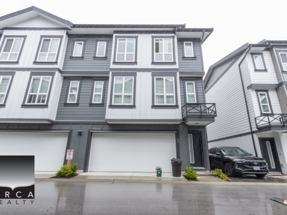 Modern multi-storey townhouse with sleek grey and white exterior, private balconies, and a spacious garage, ideal for Vancouver real estate buyers seeking contemporary city living.