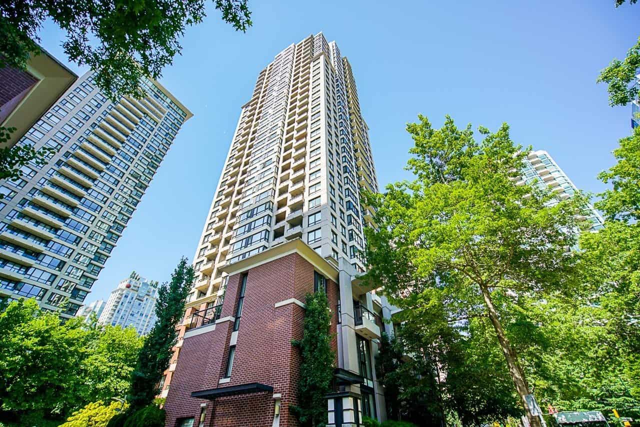 Modern high-rise condo building in Vancouver's downtown with contemporary architecture and amenities, ideal for urban living.