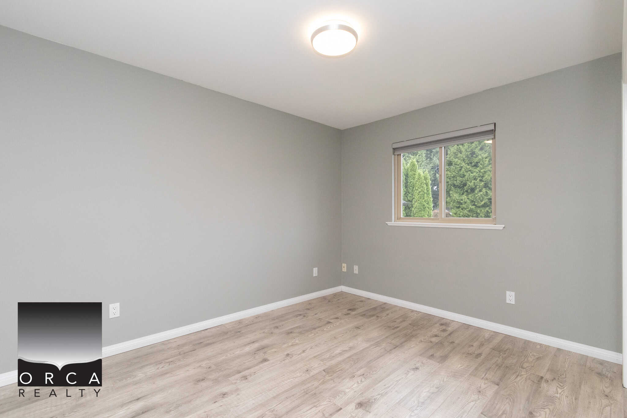Bright, empty bedroom with modern gray walls, white trim, and large window showcasing green trees, perfect for real estate listings and interior design in Vancouver.