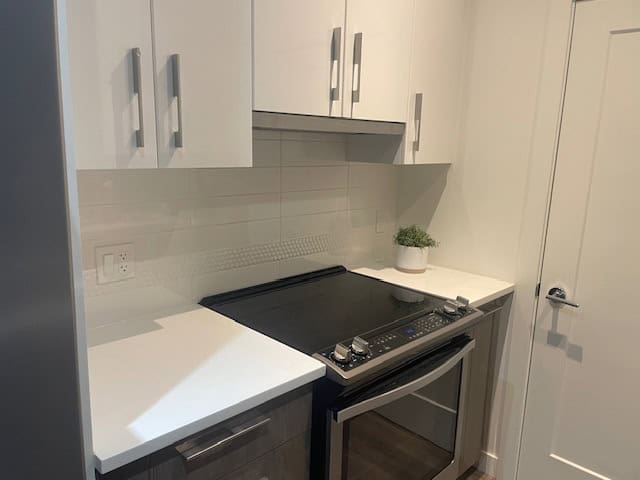 Modern kitchen with white cabinets, black stove, and minimalist decor, showcasing Vancouver Island real estate with high-end appliances and contemporary design.