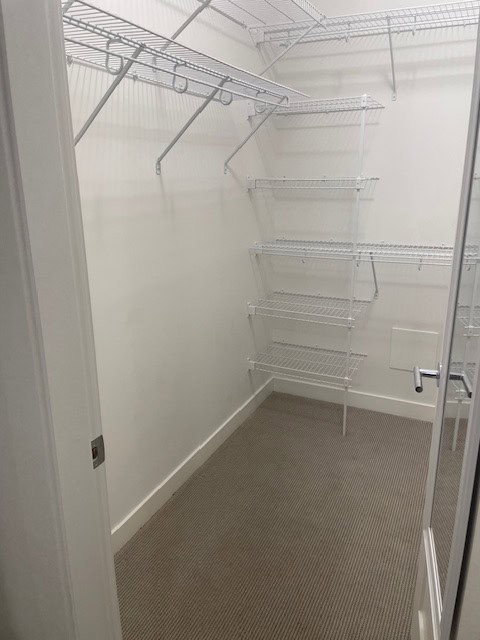 Spacious walk-in closet with white wire shelving and hanging rods, ideal for organized storage in a modern home or real estate property.