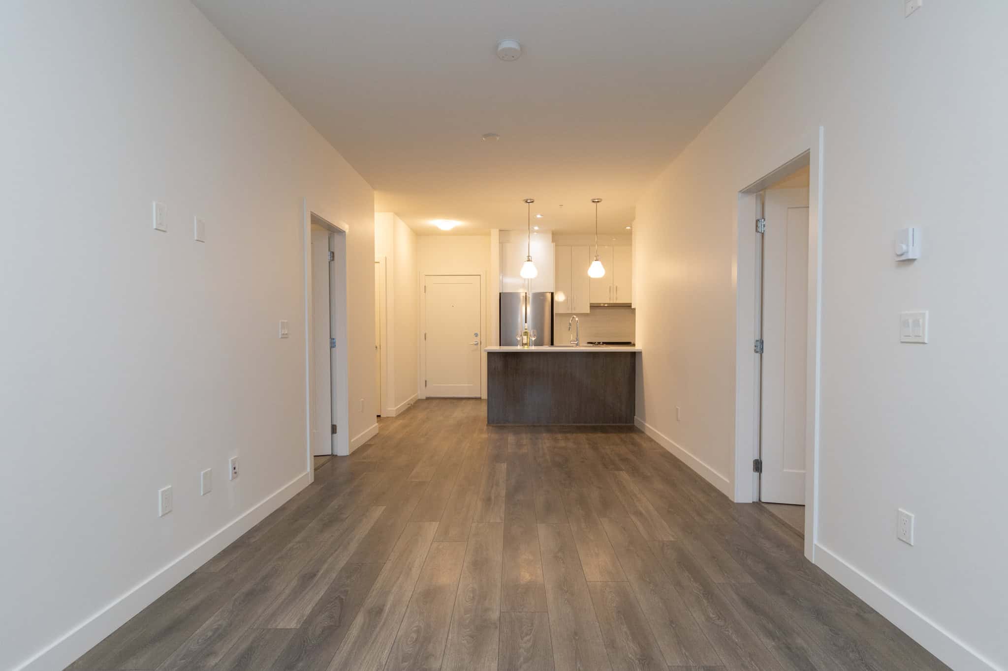 Spacious modern open-concept kitchen and living area in a new home, featuring hardwood flooring, white walls, sleek cabinetry, and contemporary lighting, perfect for homeowners seeking stylish real estate.