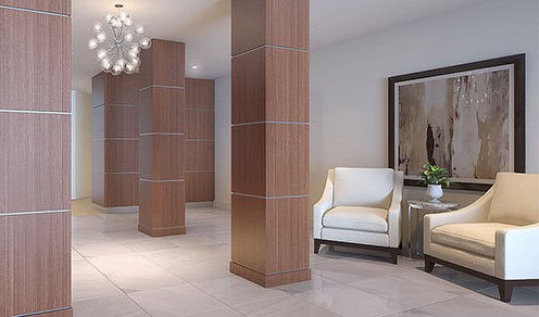 Modern real estate office interior featuring wooden accents, comfortable seating, and elegant decor for a welcoming client experience.