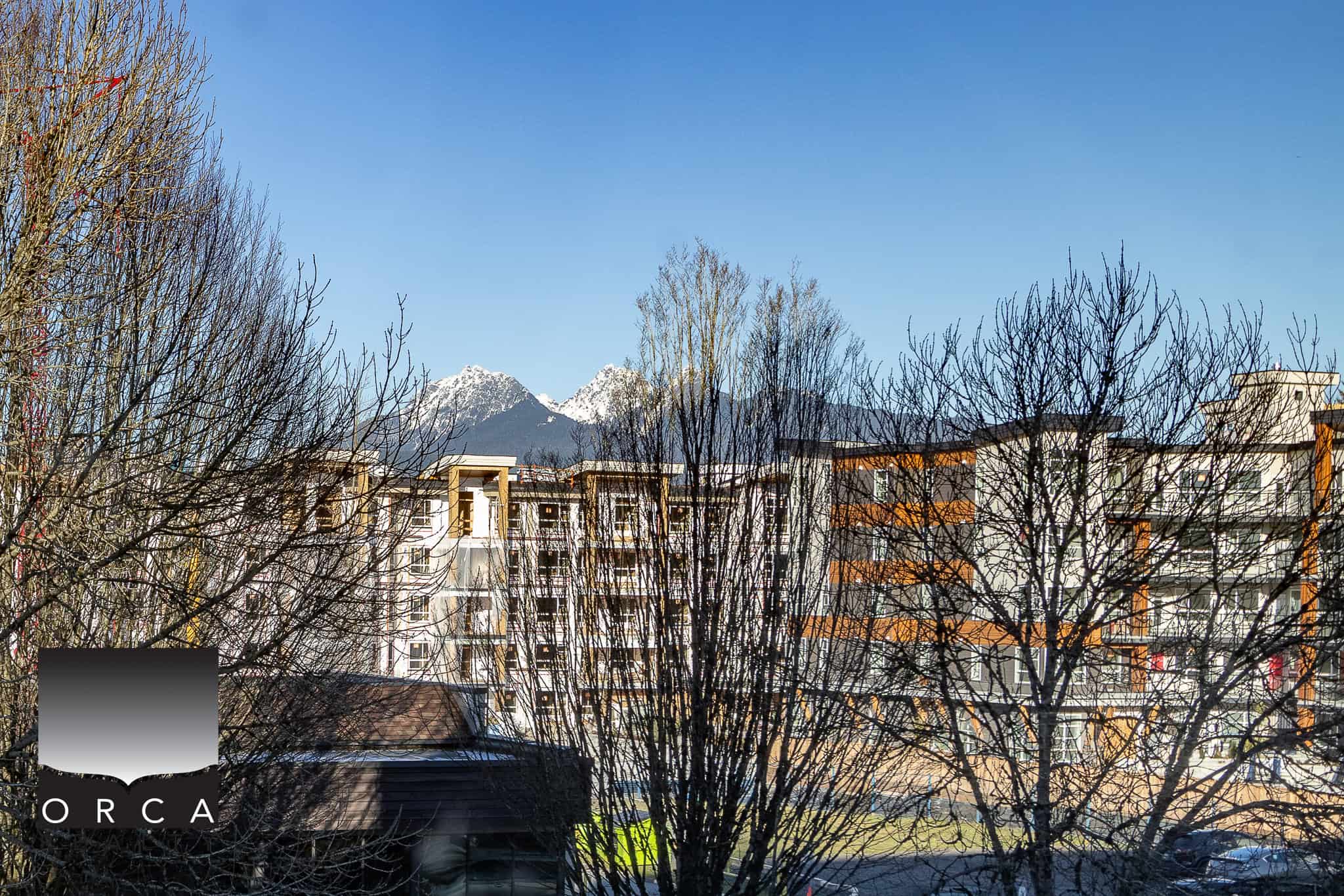 Contemporary apartment buildings with mountain views, located in a scenic urban area with leafless trees and snow-capped peaks in the background, representing prime real estate in BC.