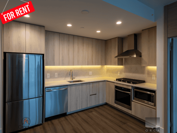 Stunning modern kitchen with stainless steel appliances, light wood cabinetry, and sleek countertop, perfect for rental or investment property by Orca Realty Inc. in BC.