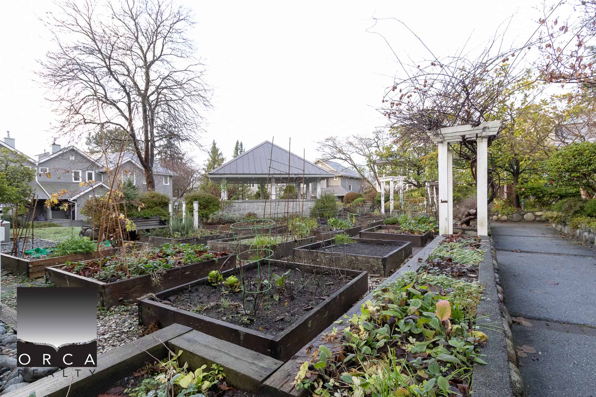 Lush community garden with raised beds and a decorative white pergola, showcasing Orca Realty Inc.’s commitment to vibrant neighbourhoods and outdoor living in Vancouver.