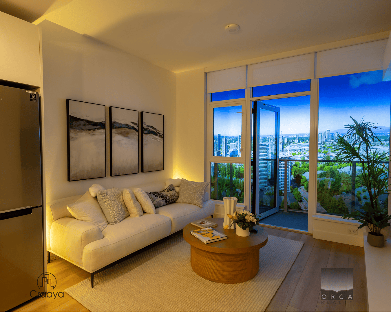 3 Modern high-rise apartment living room with panoramic city view, stylish decor, and natural light, ideal for Toronto condo real estate listings.