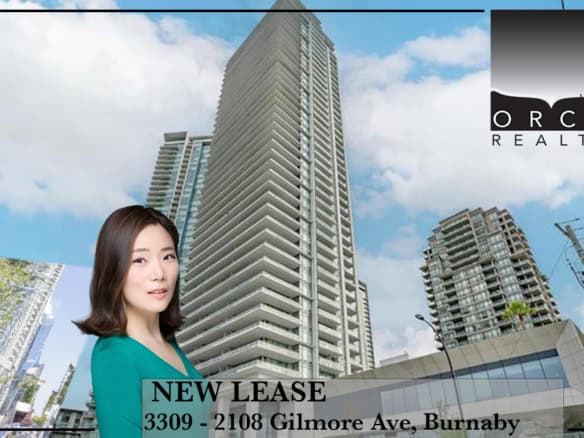 Contemporary high-rise apartment building with a real estate agent promoting a new lease at 3309 - 2108 Gilmore Ave, Burnaby, showcasing Orca Realty Inc.'s property listing.
