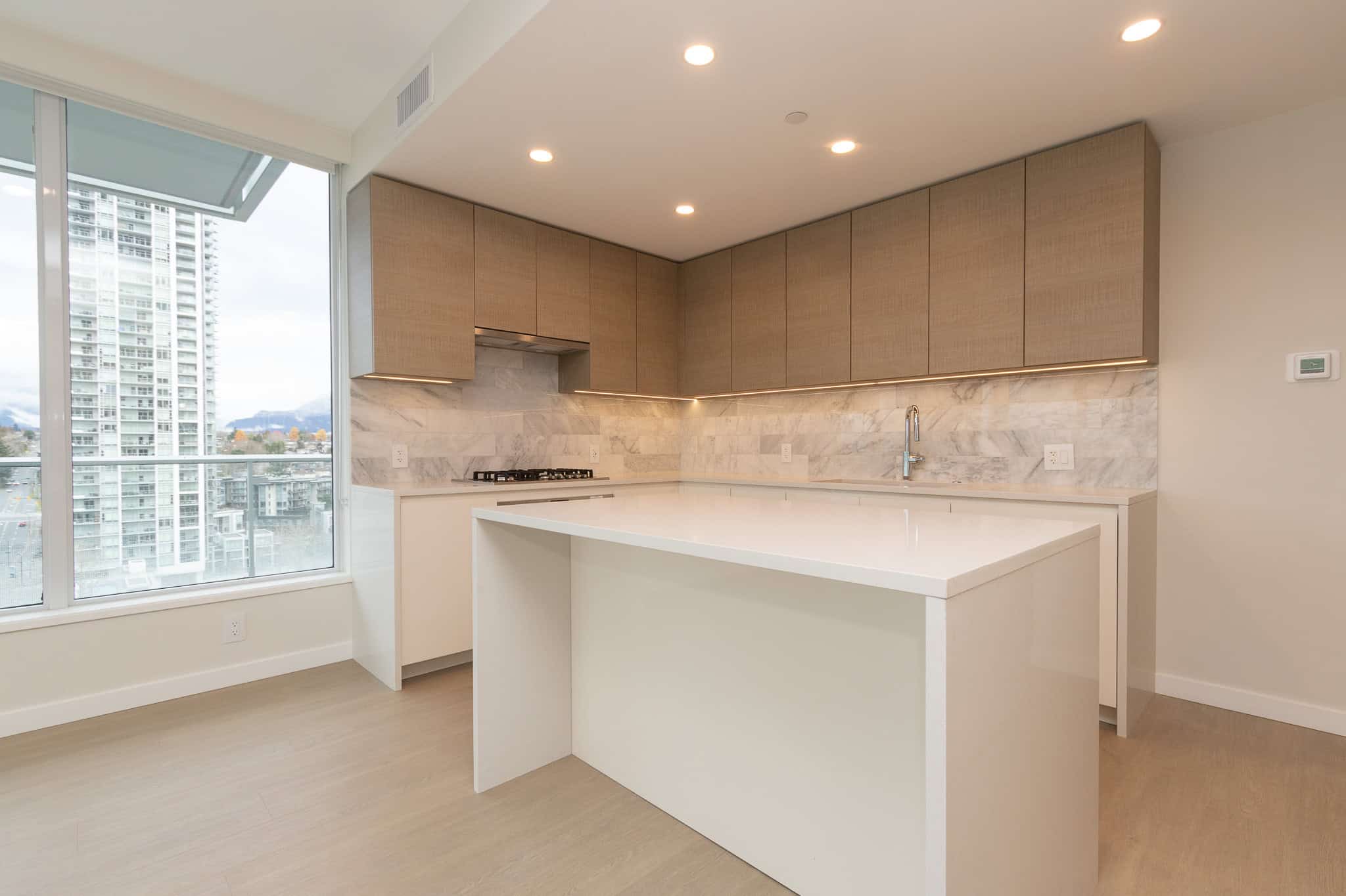 Modern kitchen with sleek design, quartz countertops, hardwood flooring, and city views in Vancouver Vancouver real estate. Perfect for new homeowners seeking stylish condos.